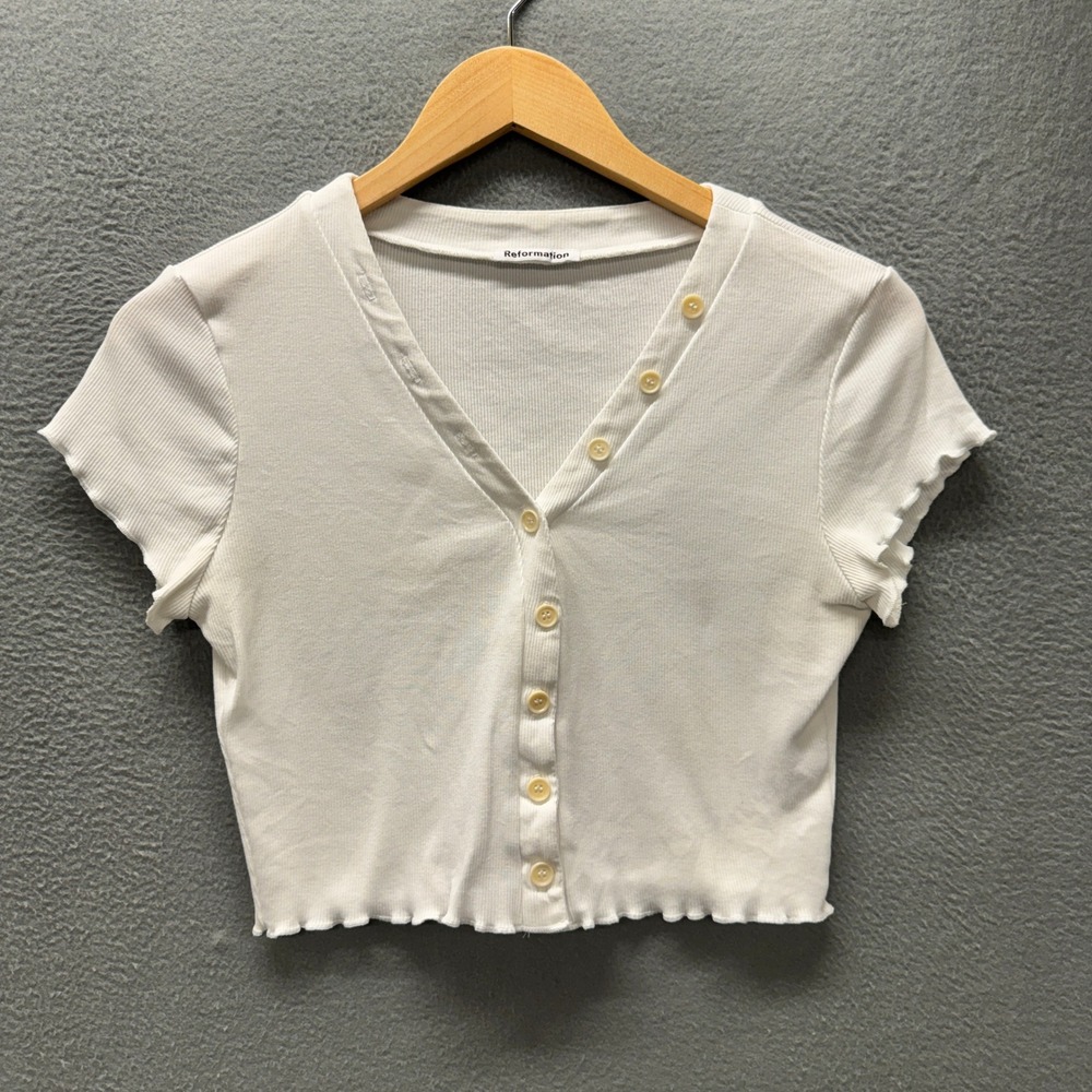 Reformation Kaylen Crop Top Womens Medium Short Sleeve Ribbed White